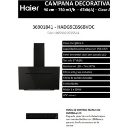 Campana decorativa Haier HADG9CBS6BVOC 90 cm, 400 m³/h, A